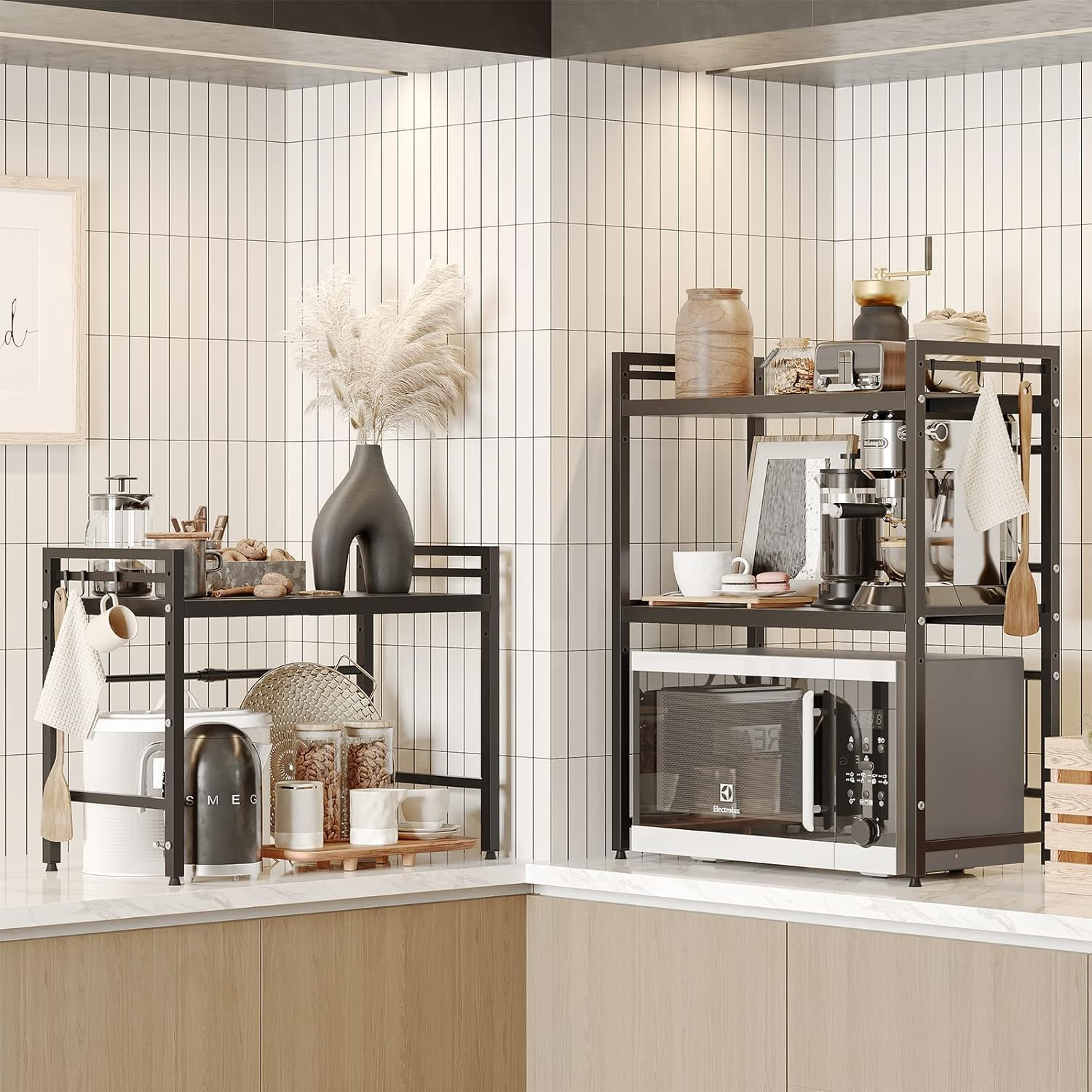 Expandable Microwave Rack for Kitchen Countertop - Carbon Steel Shelf with 6 Hooks, Knife Holder, Cutting Board & Chopstick Organizer, Space-Saving Storage (Three-Layer Large Size) image number 5