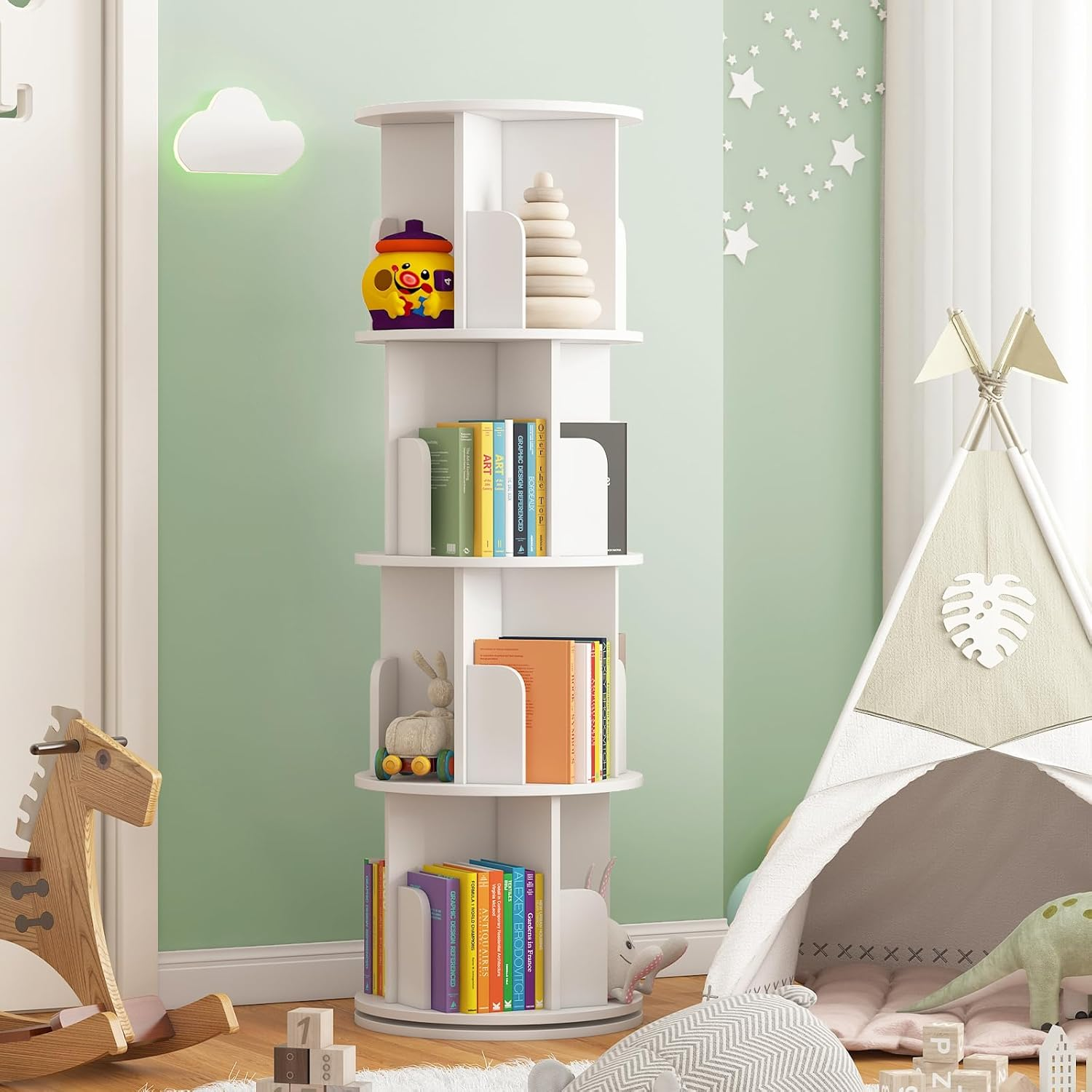 Ufurniture Rotating Bookshelf, 4-Tier Wooden Bookcase, Corner Standing Display Shelf Organizer, CD Storage Rack for Small Space Living Room Office Kids Furniture, White image number 3