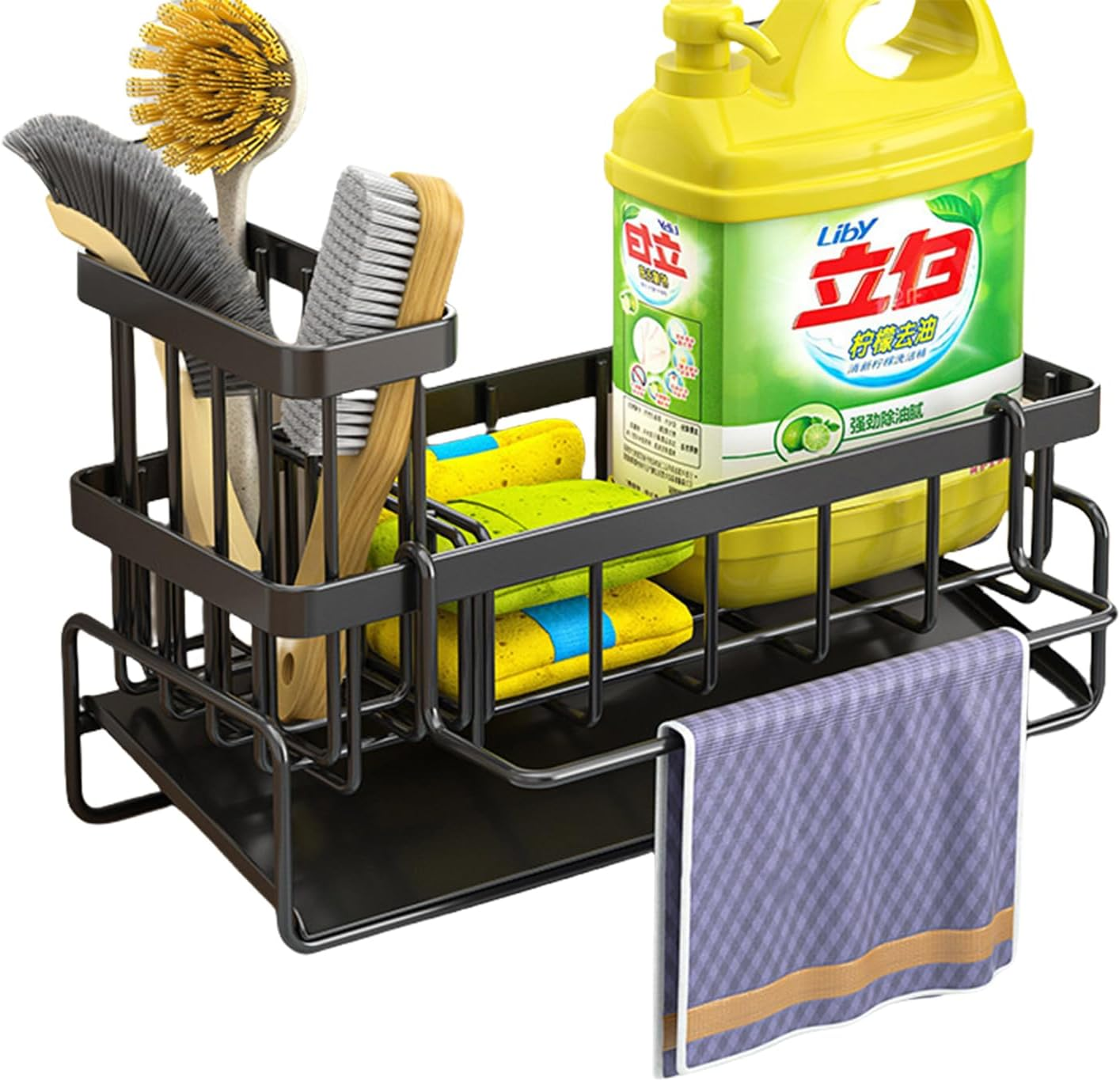 Kitchen Sink Caddy Organiser with Self Draining Tray, Sponge Holder for Kitchen Sink with Brush Holder, Dish Soap Dispenser Storage, Kitchen Sink Organise, Organiser for Counter (Black)