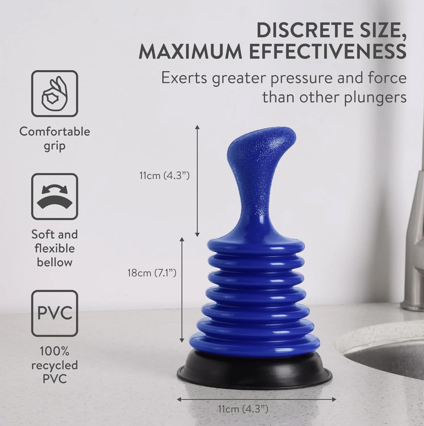 Mini Drain Plunger, Small Sink Plunger for Kitchen and Bathroom Drains, Clog Remover with Handle, Bellows Plunger to Unclog Sink Drain, Universal Fit DIY Bathroom Sink Accessory (Blue) image number 1