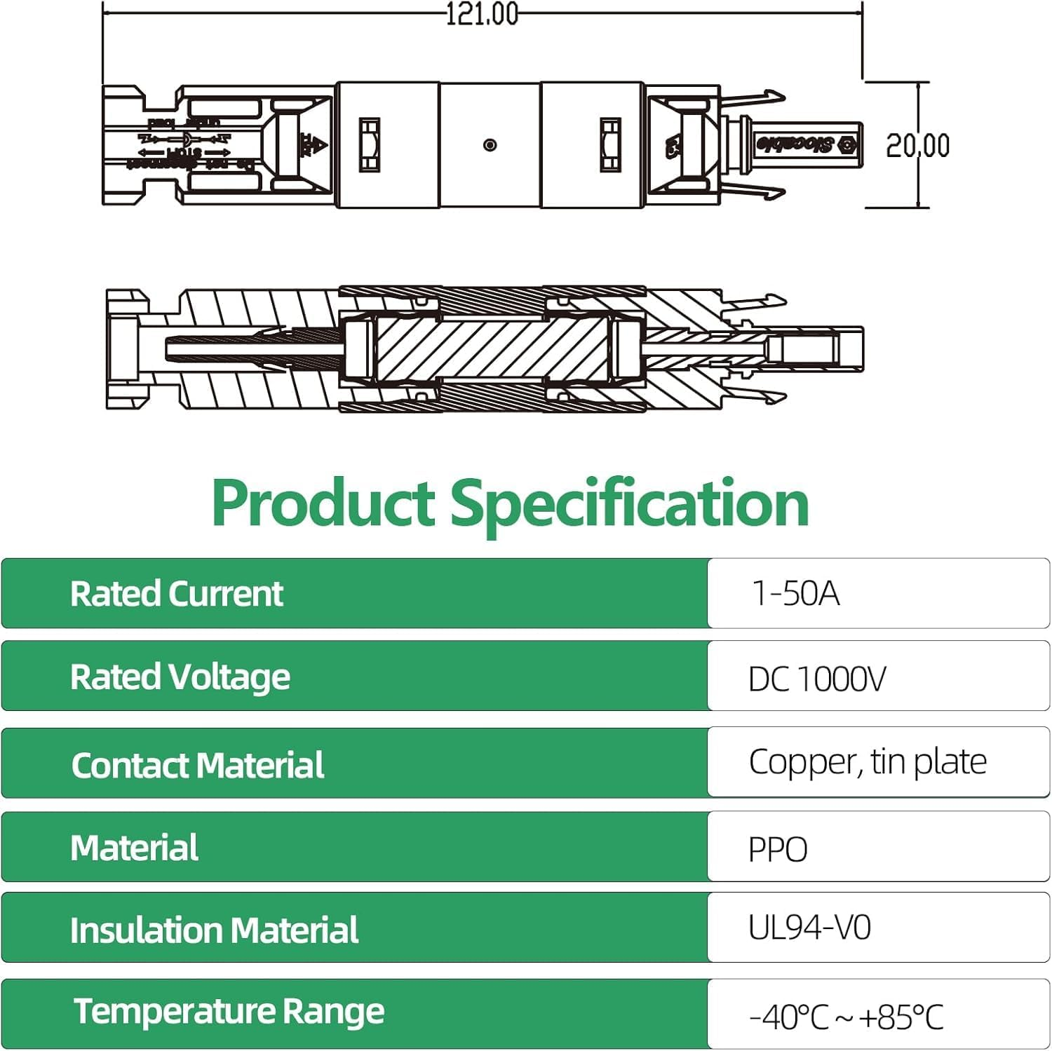 15A Solar In-Line Fuse Holder, IP68 1000V for Solar Panel and Inverter in Photovoltaic System, Male and Female Connector with 1 Fuse image number 6