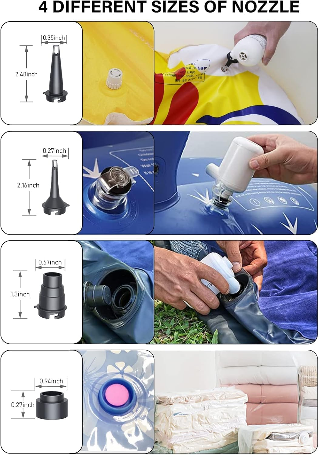 B-Qtech Electric Mini Air Pump for Inflatables, Rechargeable Portable USB Electric Air Pumps Quick Inflator and Deflator Pump, 4 Nozzles for Mattress Outdoor Camping Pool Boat Type C Charging image number 4