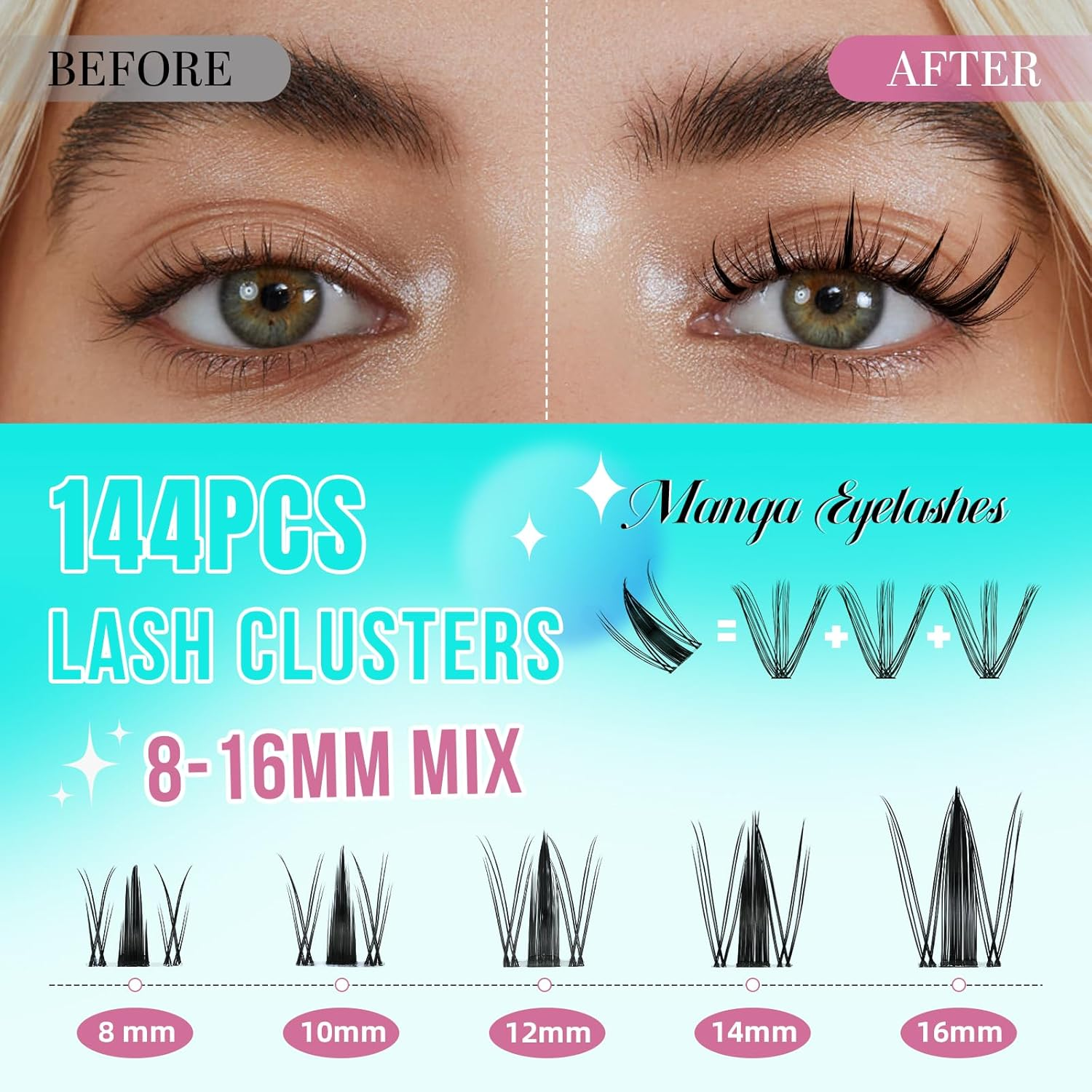 Manga Lash Clusters Kit 144PCS Fairy Eyelash Extension Kit with Bond and Seal, Fake Eyelashes Clusters with Invisible Lash Band, Glue Remover and Applicators (8-16Mm Kit,Black Bond)
