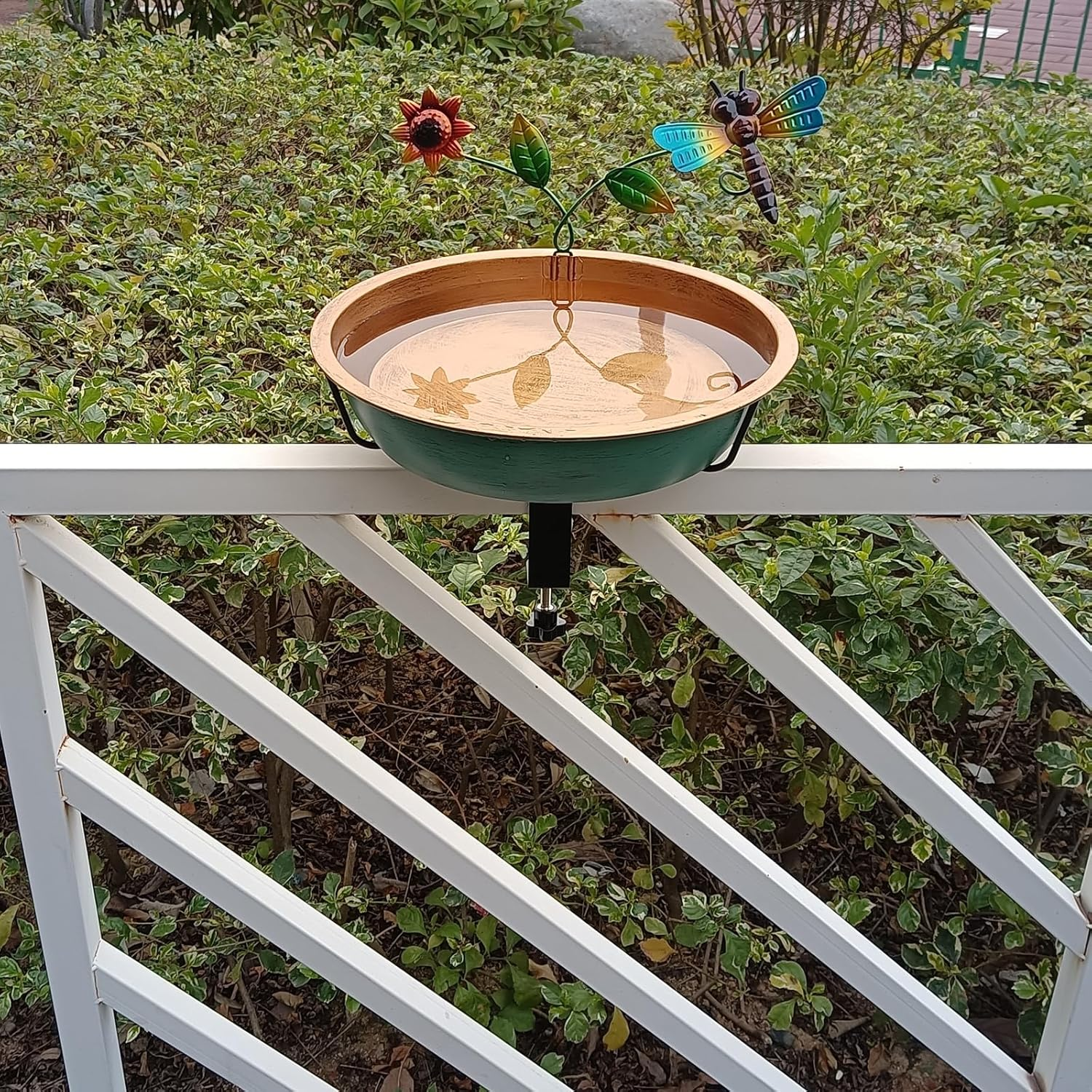 Deck Bird Bath for Outdoors, 13 Inch Large Green/Bronze Metal Birdbath Bowl with Adjustable Big Steel Clamp Backyard Birdbath Bird Feeder for Railing Balcony Fence Yard Art Garden Decor image number 4