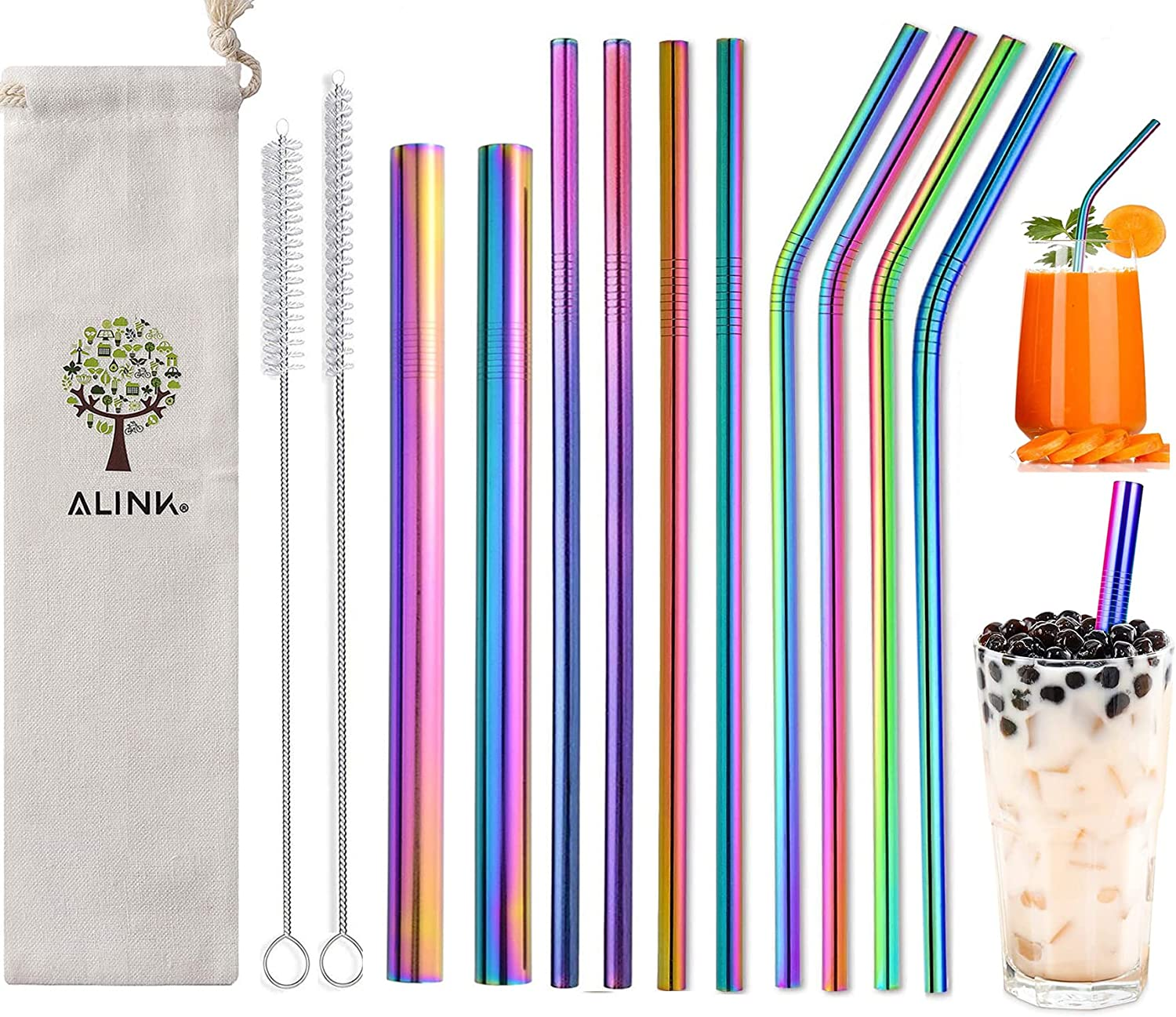ALINK 10-Pack Reusable Stainless Steel Metal Straws,2 Metal Boba Tea Smoothie Straws,10.5"*6Mm Drinking Tumbler Straws with 2 Cleaning Brush and Case(Rainbow)