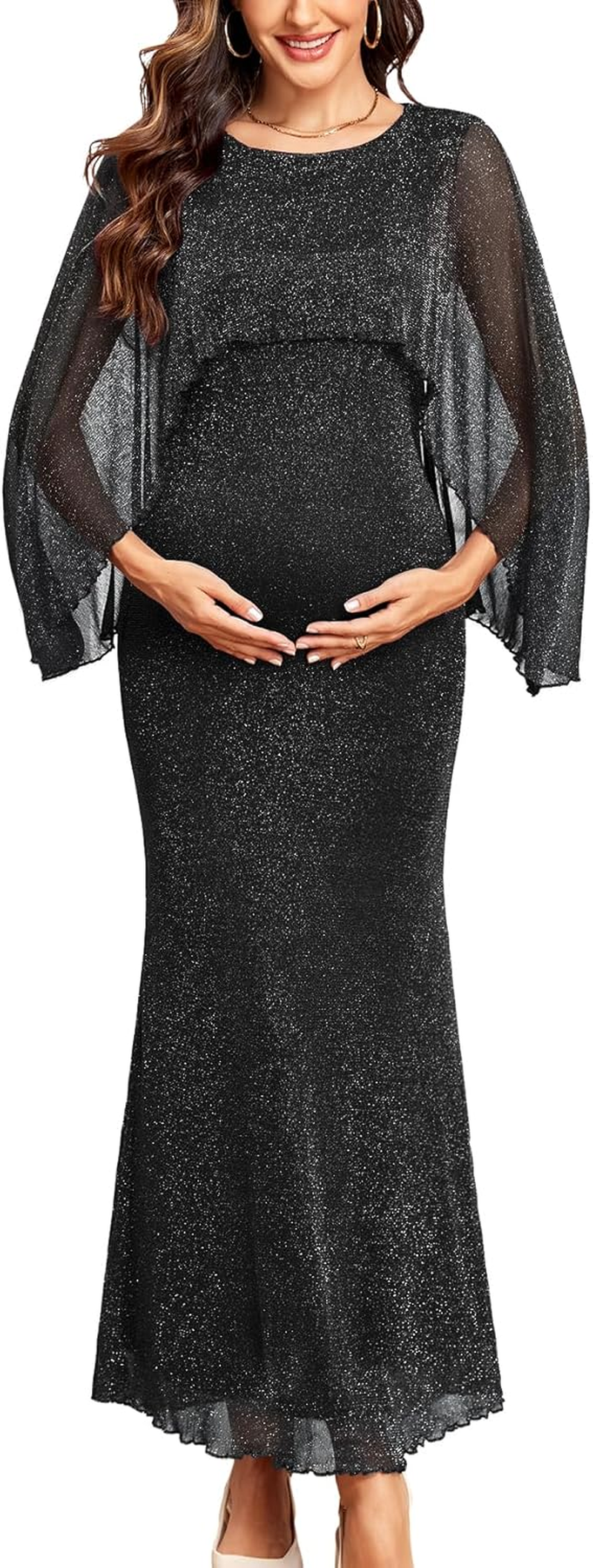 Maternity Sparkly Cape Mesh Dress Maxi Mermaid Bodycon Pregnancy Dresses Wedding Guest Baby Shower Formal Dress