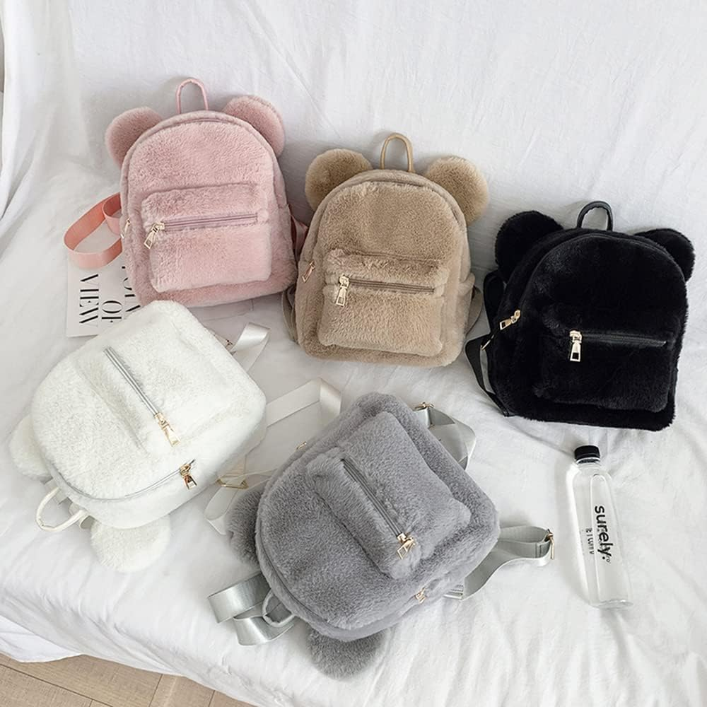Cute Fuzzy Bear Ears Backpack Kawaii Soft Fluffy Casual Daypack Mini Shoulder Bag Purse for Girls - Grey image number 4
