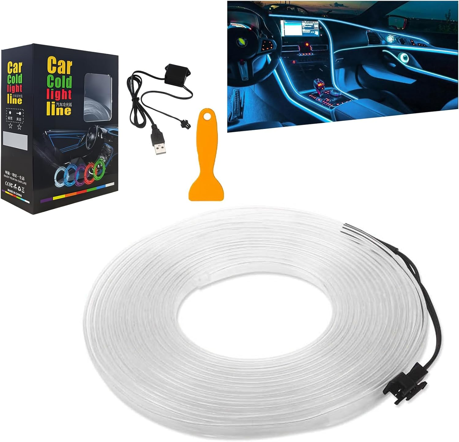 5M EL Wire Car LED Interior Strip Light USB Neon, USB Powered Neon Ambient Light Kits for Auto Indoor Gap Decorations Dashboard Accessories & Decor (White)