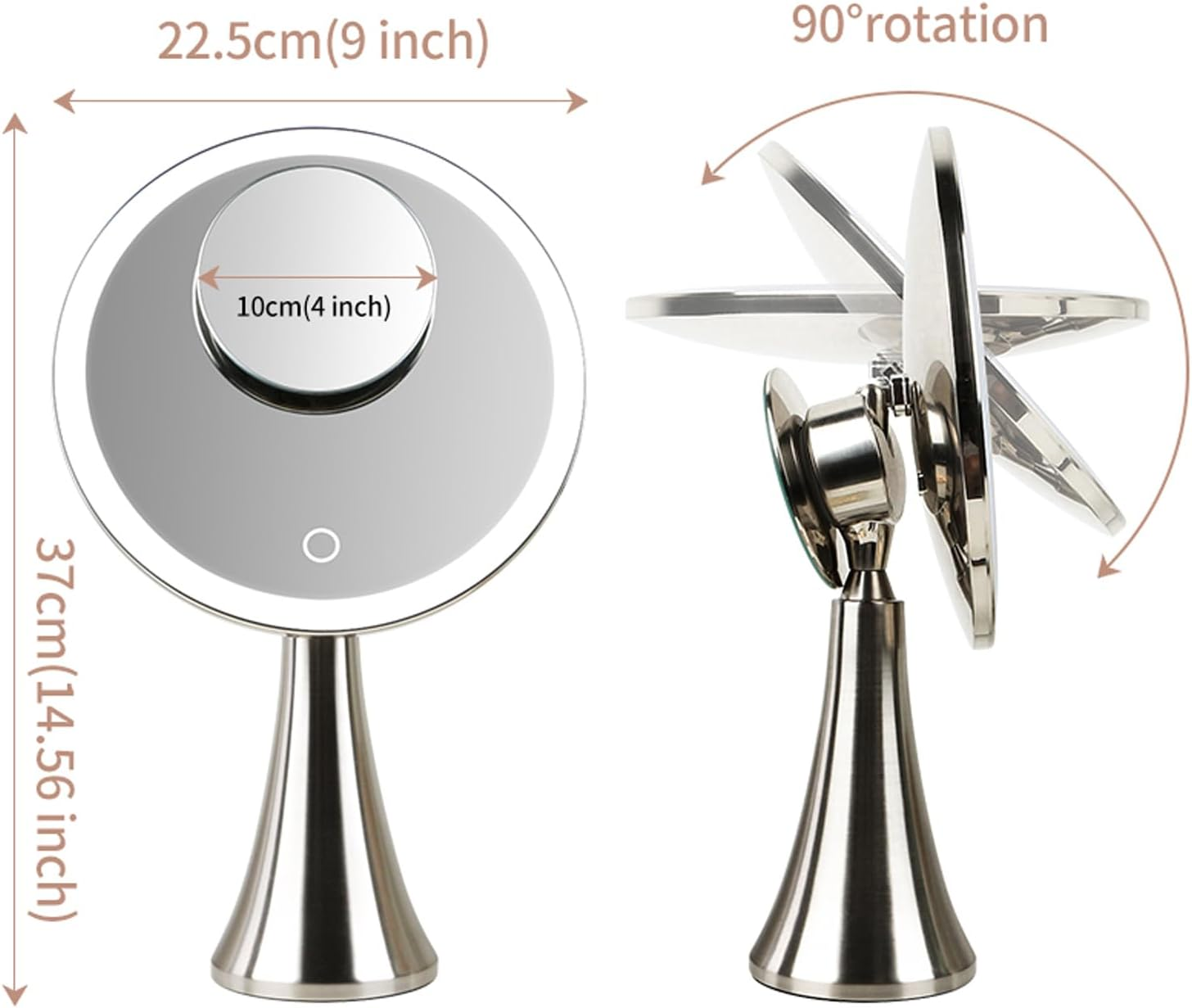 9Inch Lighted round Makeup Vanity Mirror, 5X/10X Dual Magnification with Ultra Bright LED Lights Beauty Mirror, Rechargeable, Cordless, Touch Control Adjustable Brightness, Brushed Stainless Steel image number 1