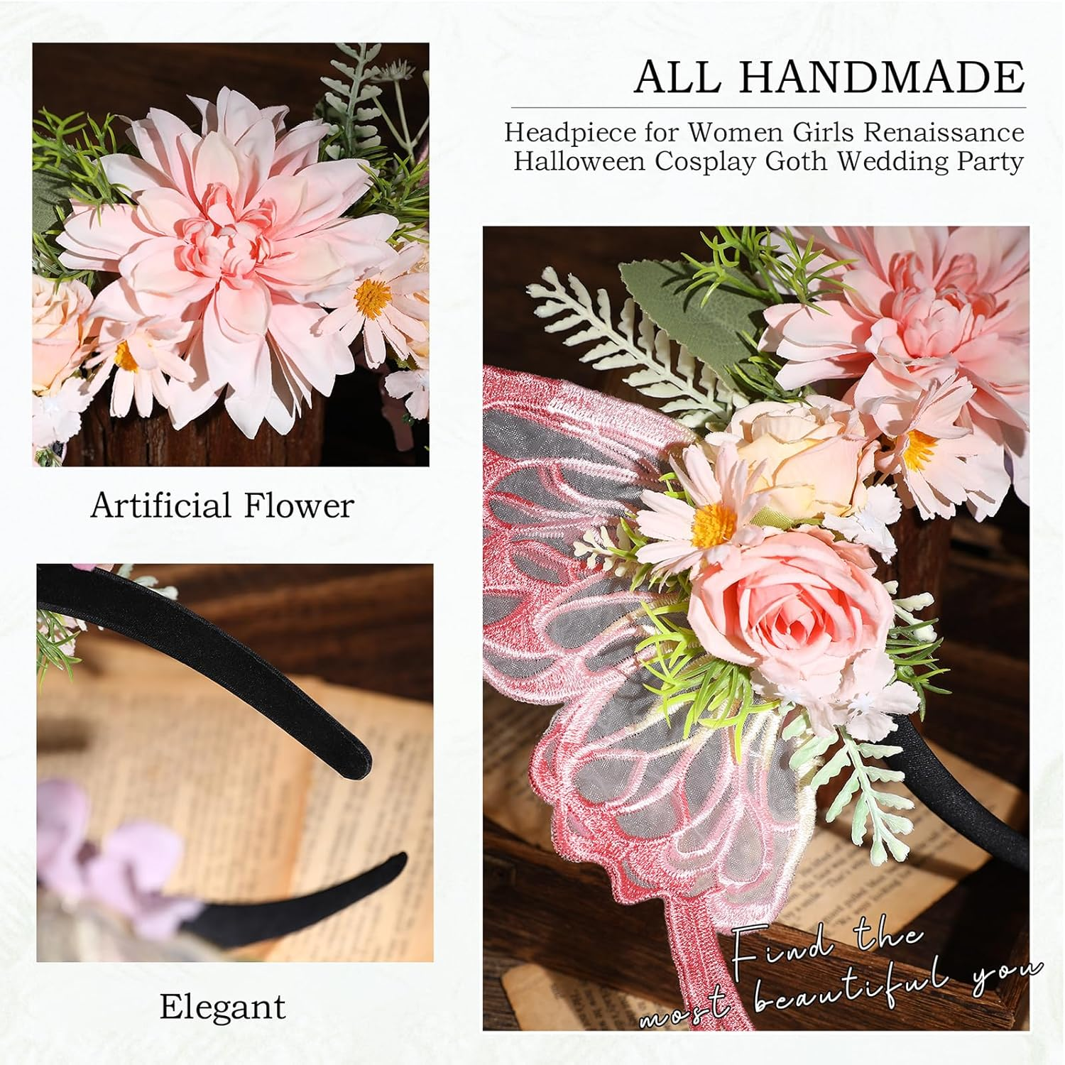 MOSTORY Pink Butterfly Wings Fairy Headband for Women Flower Headband for Renaissance Fairy Costume Cosplay Photo Shoot