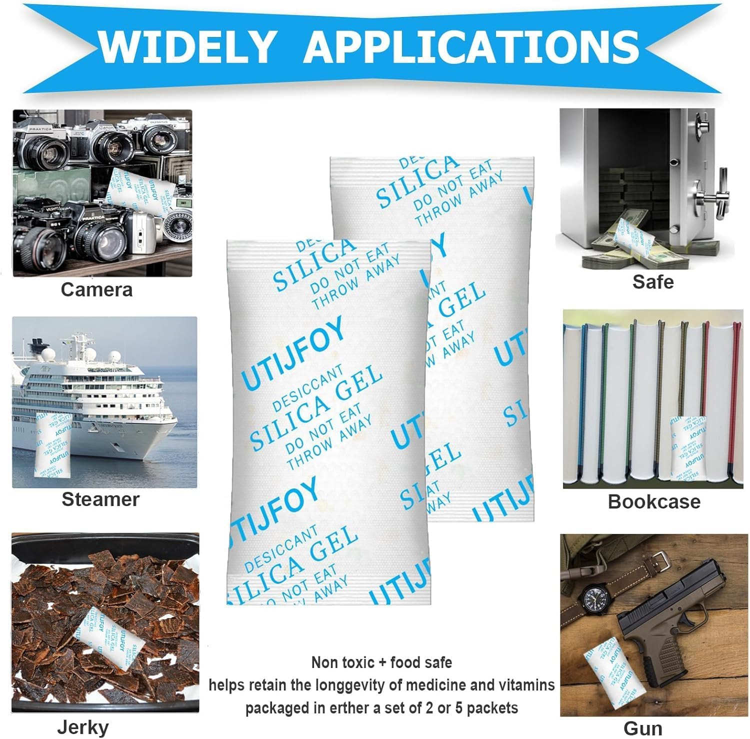 Silica Gel Packets 50 Gram [20 Packs], Moisture Absorber Sachets with Color Indicator, Reusable Desiccant for Food Storage, Electronics & Closet（2 Packs in Individual Bag） image number 1