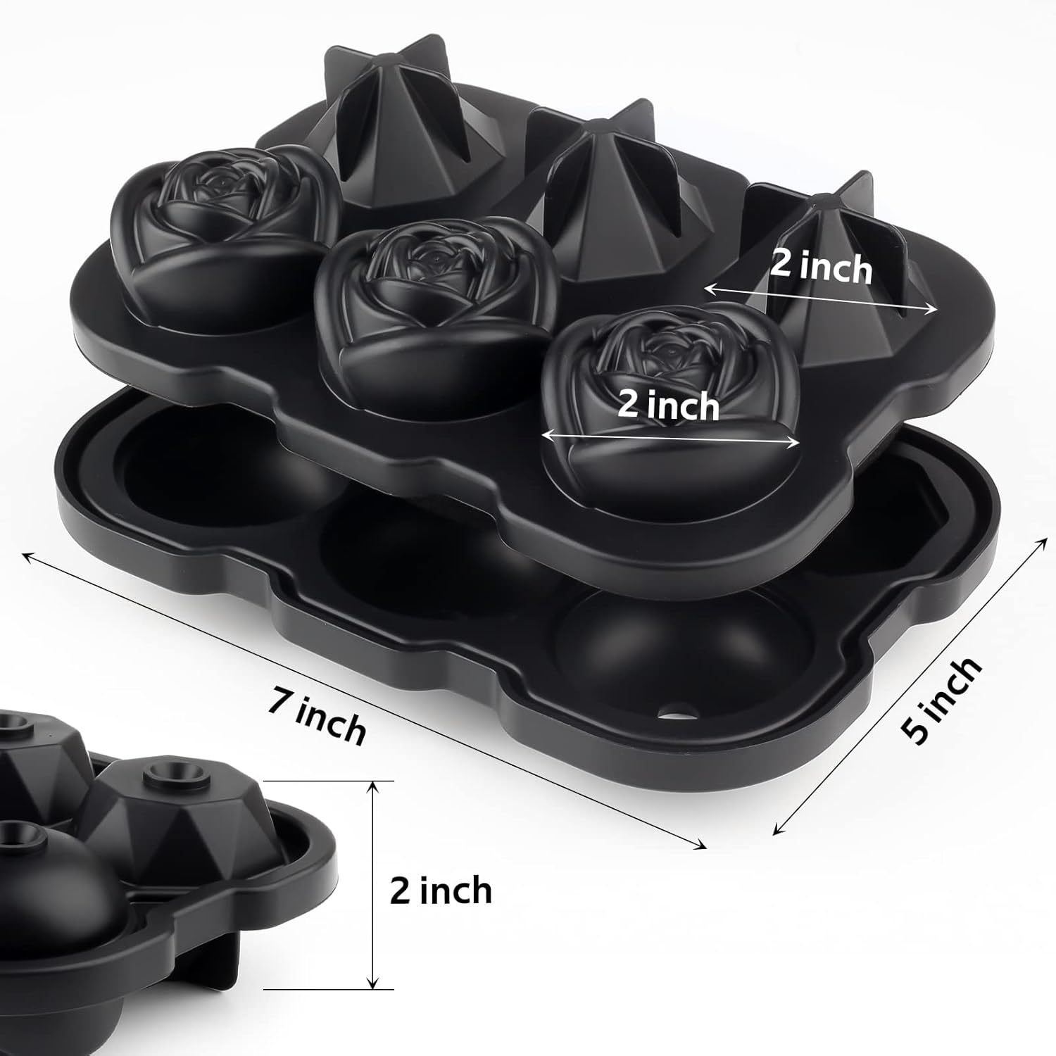 2 Inch Rose & Diamond Ice Cube Tray, 3 Cavity Silicone Rose & Diamond Ice Ball Maker, Easy Release Large Ice Cube Form for Chilled Cocktails, Whiskey, Black, 1 Piece