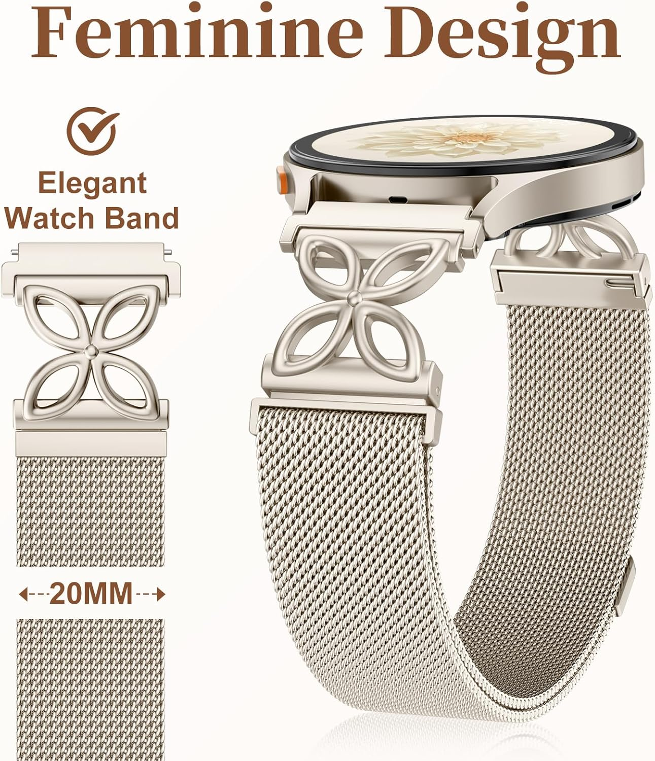 Magnetic Milanese Mesh Loop Compatible with Samsung Galaxy Watch 7 6 5 4 FE Active 2 40Mm 44Mm Band/Galaxy 5 Pro 45Mm/ 6 4 Classic Bands, 20Mm Metal Stainless Steel Strap for Samsung Watch Women Men - Rosegold image number 3