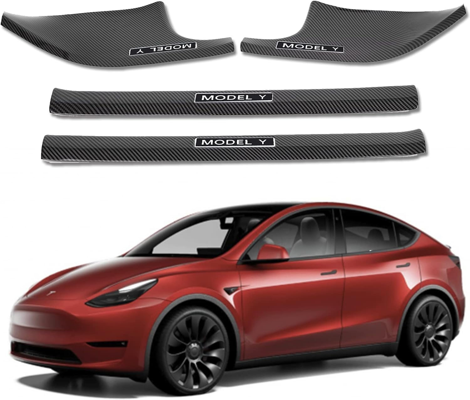 FLAMPETUS Door Sill Protector for Tesla Model Y, 4 Pieces Door Entry Protectors Strips for Inner Side, Tesla Model Y Accessories 2021 2022 2023 for 5-Seater, Glossy Carbon Fiber Pattern image number 1