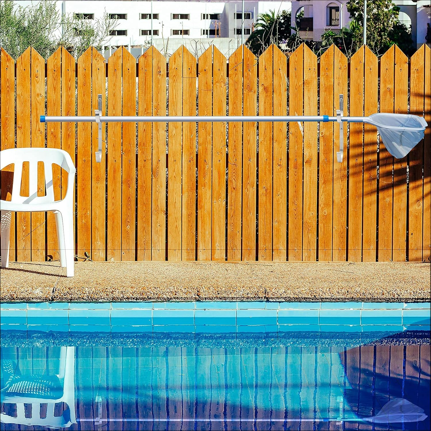 Coolrunner 4Pcs Pool Pole Hangers, Aluminum Pool Equipment Hooks with 8 Screws Pool Organizer Hooks Fence Holder for Pool Hose Skimmer Net Pool Brush Fishing Rod Gardening and Pool Supplies image number 5