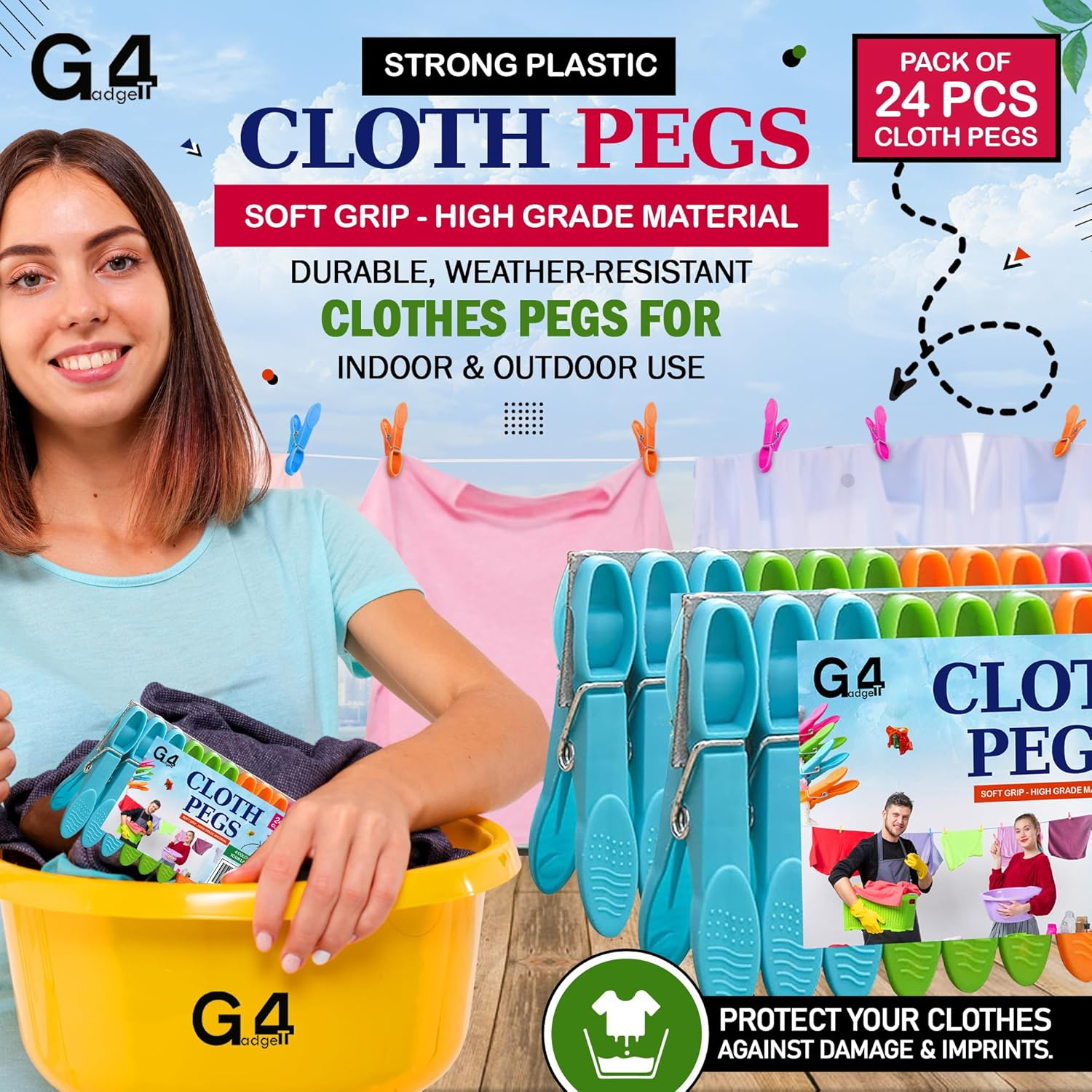 G4GADGET Clothes Pegs 24 Pack &ndash; Strong Grip Plastic Pegs for Washing Line, Durable Laundry Clips for Clothes, Rust-Resistant for Outdoor & Indoor Drying image number 2