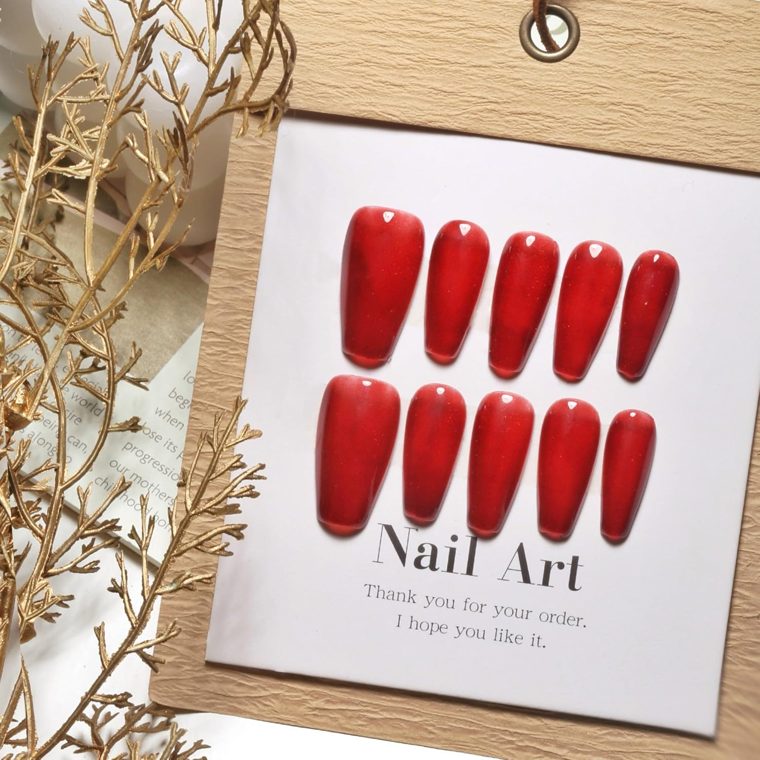 Sun&Beam Nails Handmade Press-On Medium Long Coffin Red Ruby Magnet False Nail Tips Hand-Drawn Design Fashionable 10 Pcs Set (#164 XS)