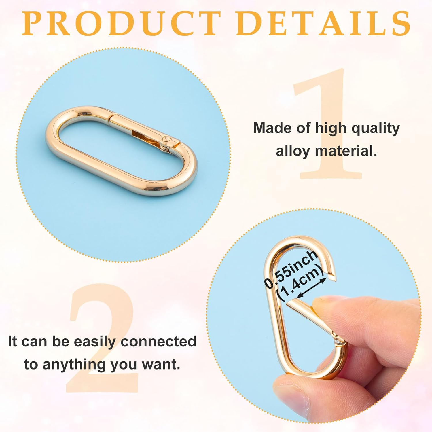 STSTR 3 PCS Oval Spring Ring Clips, Metal Keyring Purse Clip, Heavy Duty Opening O Ring Carabiner for Keychains, Buckle Clasp for Backpacks, Purse, Keys, Bag Strap (1.97 &times; 0.94 Inch), Light Gold - Black image number 7