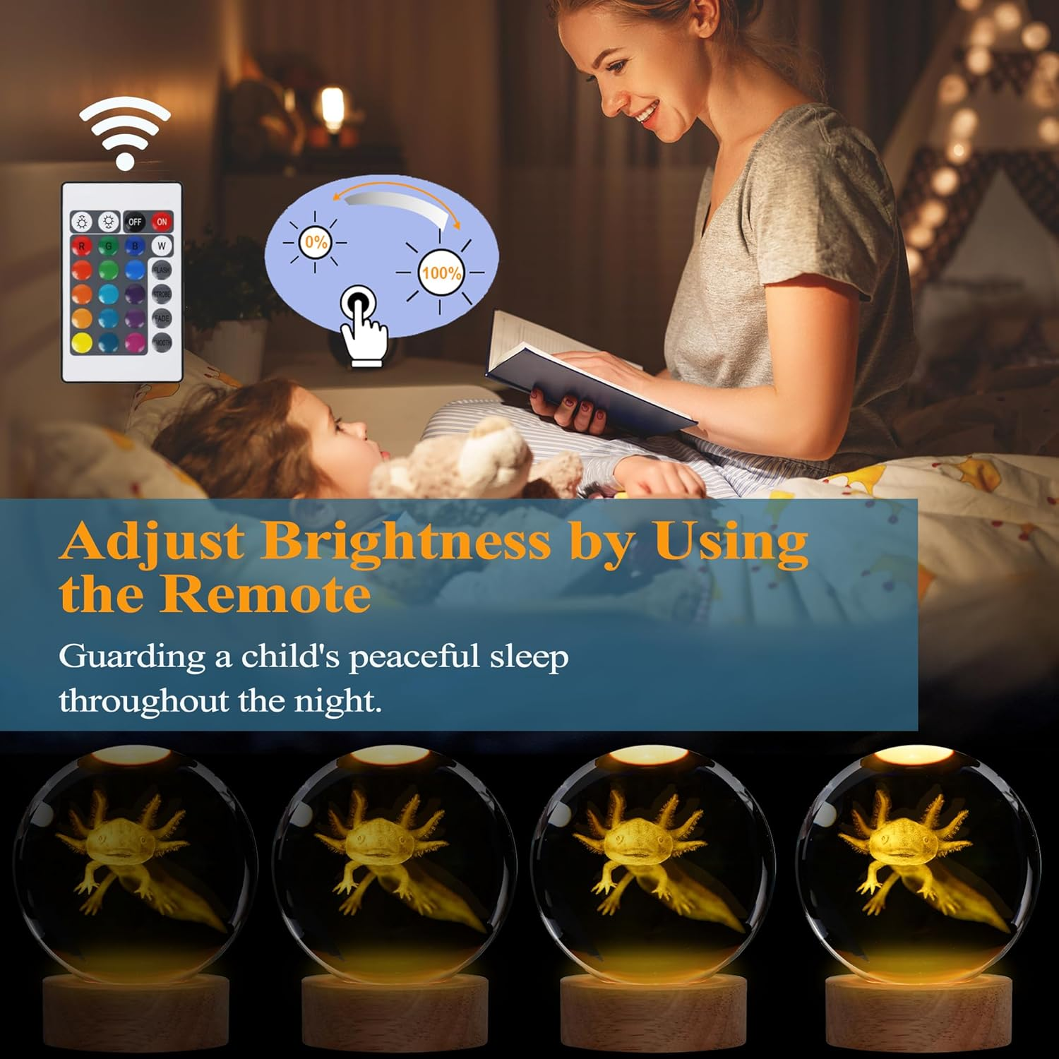 POSSHE Axolotl Night Light, 3D Crystal Ball Lamp with Remote, 16 Color, 3.15 Inch Crystal Ball, Axolotl Figurines, Room Decor, Gifts image number 4