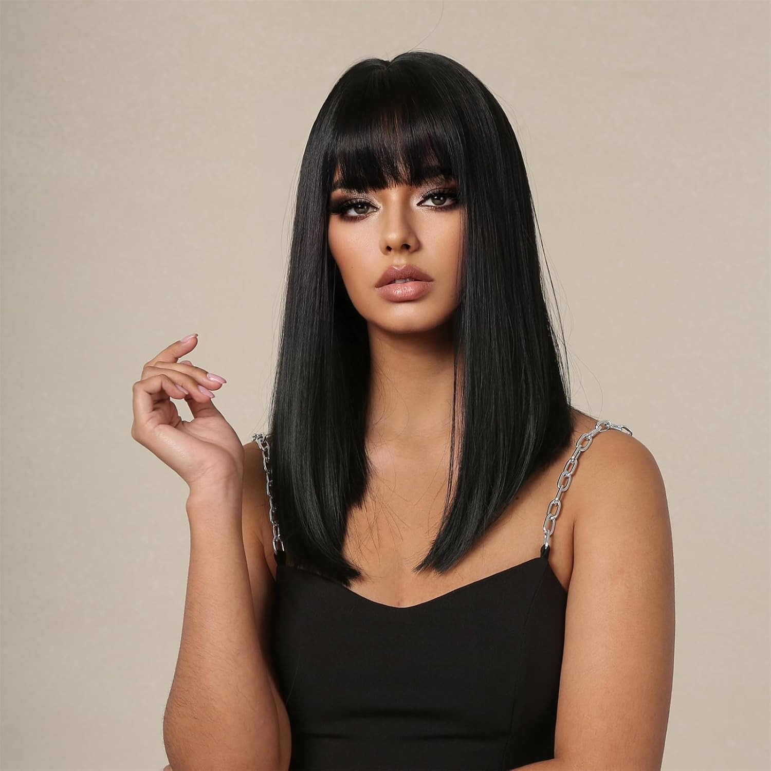 Straight Black Synthetic Wig with Bangs,Shoulder Length, Medium - Long Straight Hair with Air Bangs, Naturally Fluffy Full - Head Wig for Party Daily Use（Black，18.5In） image number 3