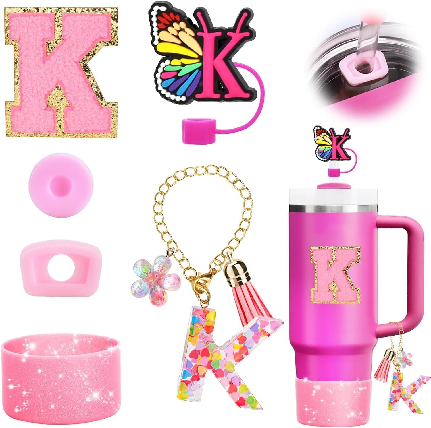 6PCS Cup Accessories Set for Stanley Cup 30Oz 40Oz,Tumbler Initials Decorations for Stanley,Including Silicone Straw Cover Cap and Boot,Spill Proof Stopper,Handle Charm,Sticker (Letter A)