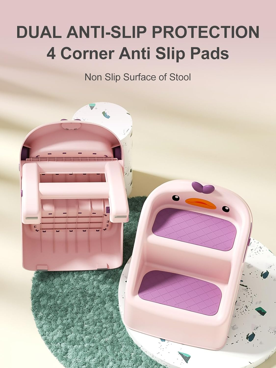 Toddler Step Stool for Bathroom Sink Foldable, Pink, Two Step Stool for Kids Potty Toilet, Cute & Lightweight & Folding Gift to Give Steping Stool for Todders 1-3, 11" 2 Steps & 4" Child Back Support image number 1