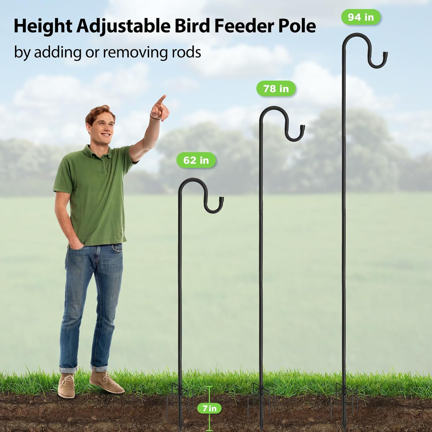 Bird Feeder Pole, 78" Shepherds Hooks for Outdoor Heavy Duty, Hummingbird Feeders Stand for Hanging Plants, No-Rust Shepherd Hook Hanger Stick with Stable 5-Prong Base for outside Garden Yard Wedding image number 2