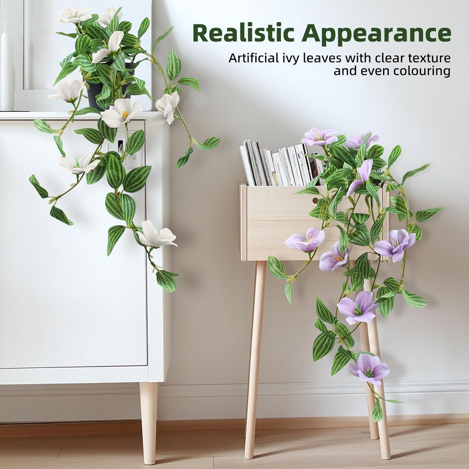 Vnezakl Artificial Ivy Hanging Plant with Flowers 3D Realistic Faux Greenery Fake Ivy Leaves UV Resistant Textured Floral Vine for Indoor Outdoor Wall Garden Home Decor - White image number 3