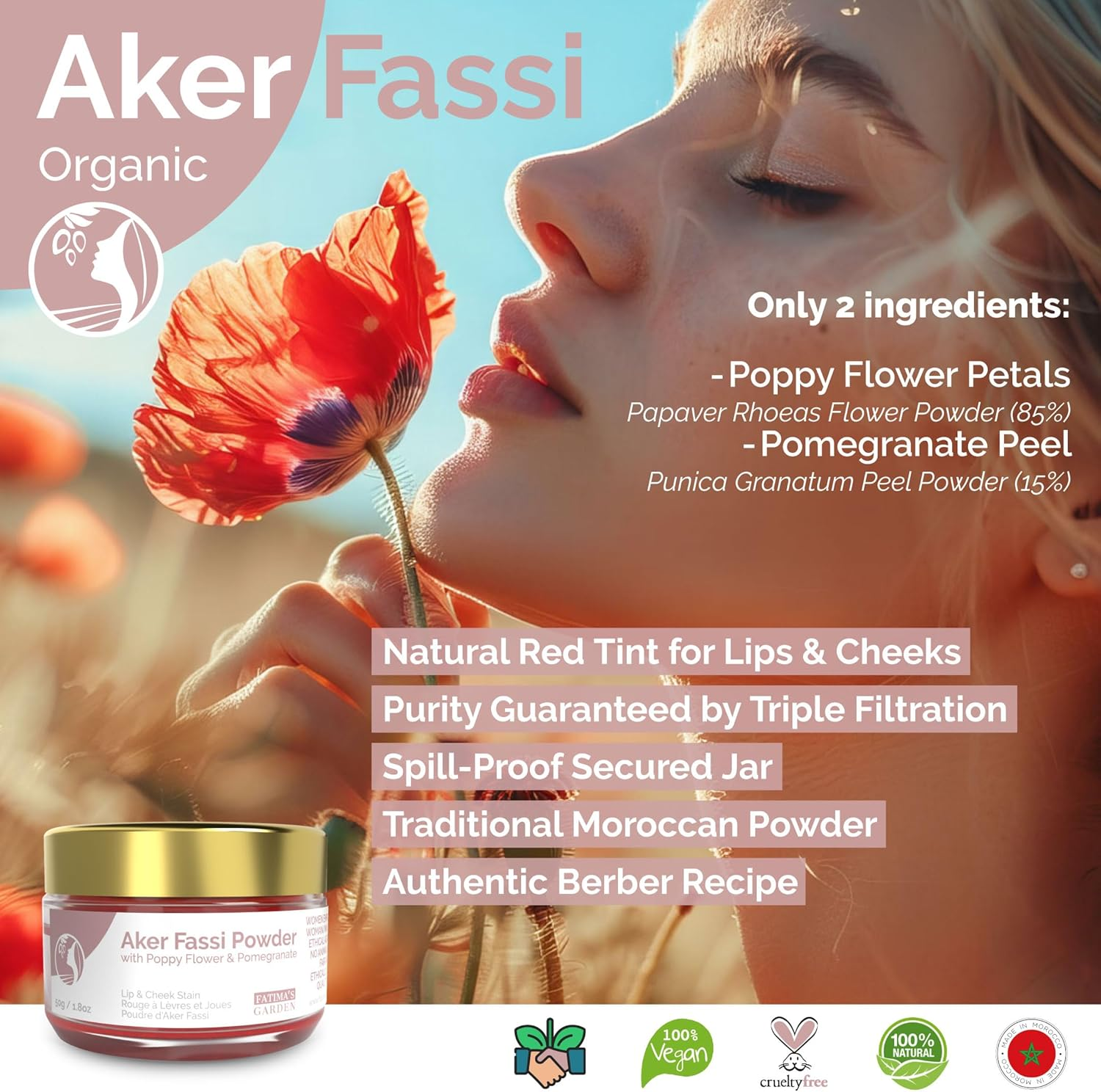 Fatima'S Garden Natural Aker Fassi Powder with Pomegranate Bark - Traditional Moroccan Lip & Cheek Tint 50G image number 2