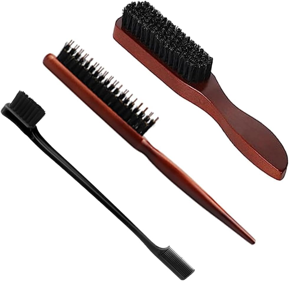 Bristle Hair Brush Set - 3Pcs Boar Bristle Slick Back, Teasing, and Soft round Brush for Hair Styling image number 4