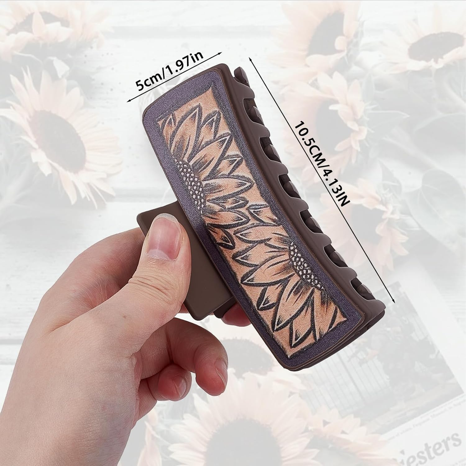 NICENEEDED 3 PCS Sunflower Hair Claw Clips, 1.7 X 4.1 Inch Matte Leather Floral Western Large Hairpins, Hair Accessories for Women Long Short Hairstyle image number 4