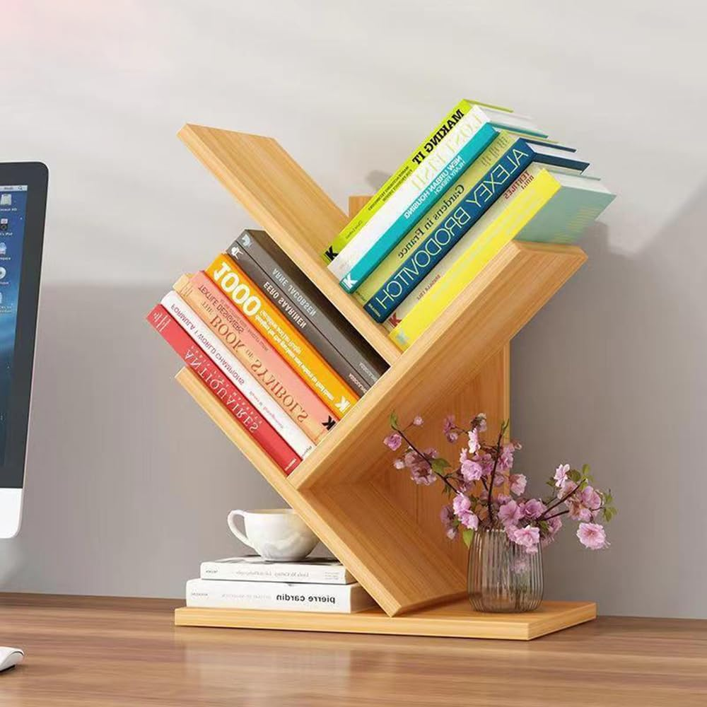 Hbluefat Book Tree Bookshelf, 3-Tier Wood Tree Small Bookcase for Desk Displaying Books, Cds, Magazines and More at Office, Home and School (Black Walnut)