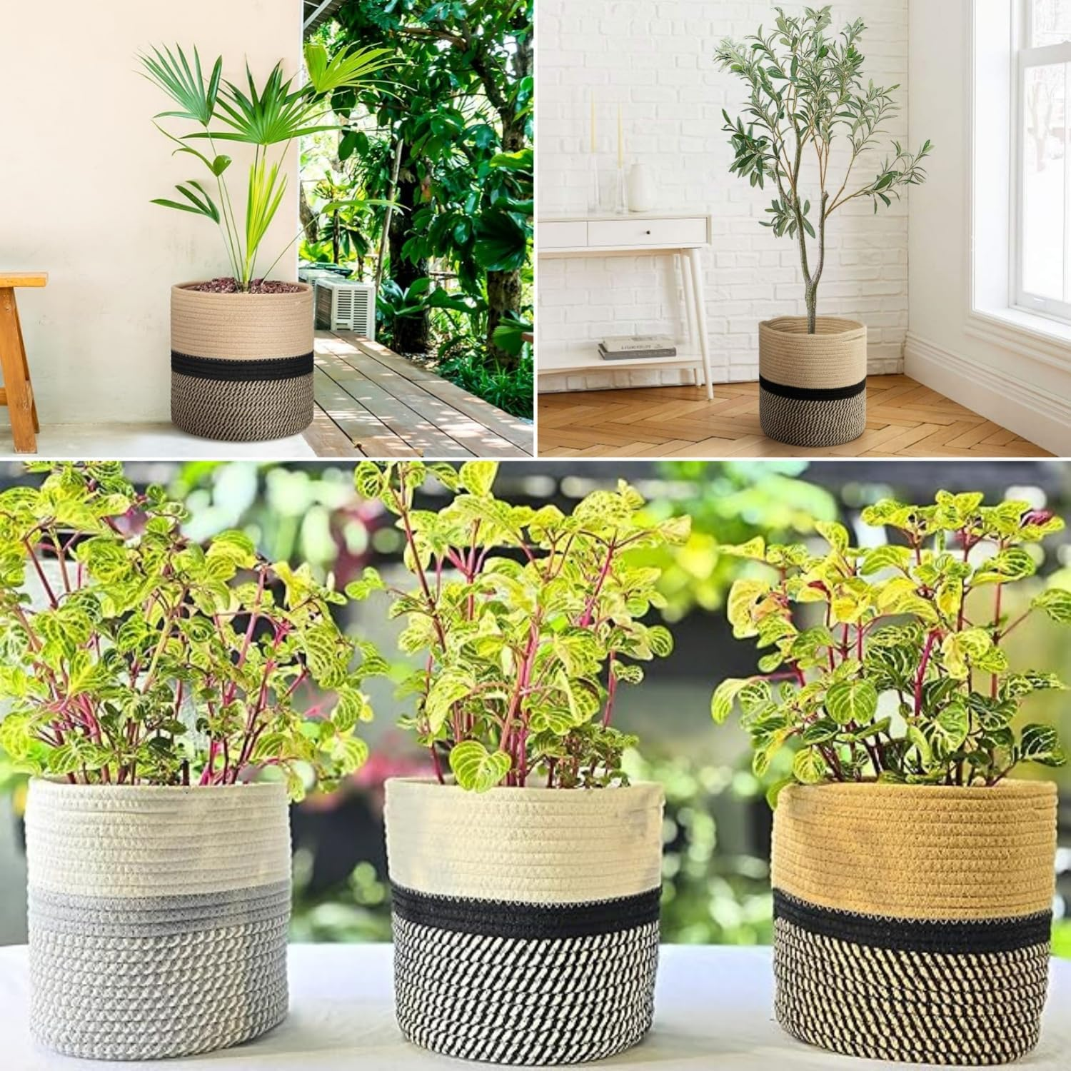 2 Pcs Jute Cotton Rope Plant Basket, Woven Baskets for Flower Pot Home Decor, round Indoor Planters Storage Organizer, Brown Black 25 * 25 * 25Cm, Storage Organizer Basket Rustic Home Decor
