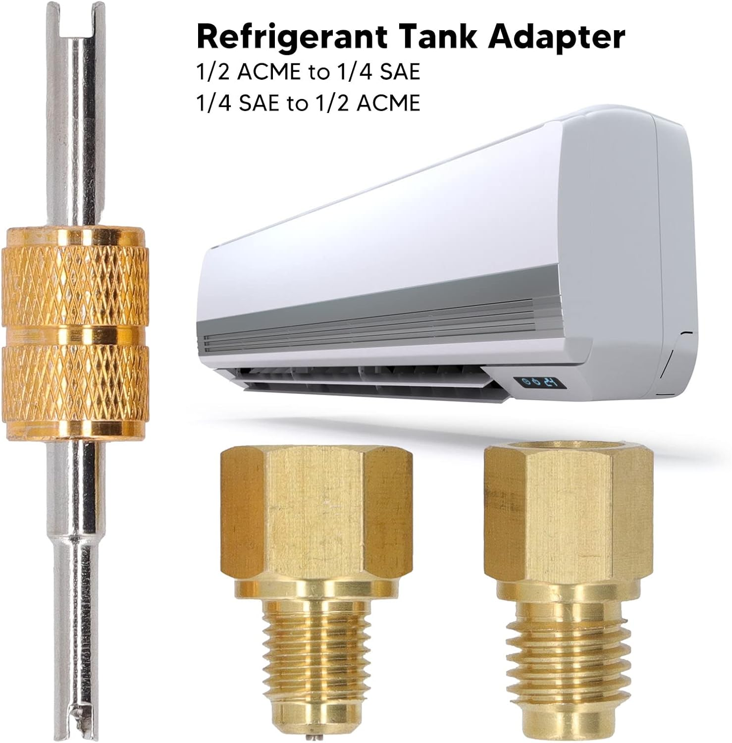 Fdit Fdit Copper Refrigerant Tank Adapter Kit - Dual Size 1/2" Acme to 1/4" SAE Reverse, HVAC Adapter Fittings with Valve Core Tool image number 3