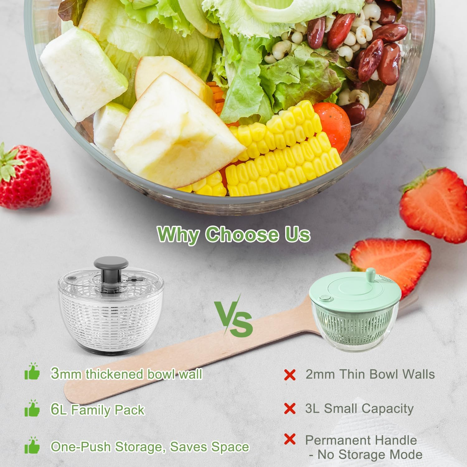 Salad Spinner, 6L Large Capacity, Quick and Easy Vegetable Washer Dryer, Thickening, Non-Slip Bowl Bottom, Kitchen Gadgets Drain and Store 2 in 1 image number 1