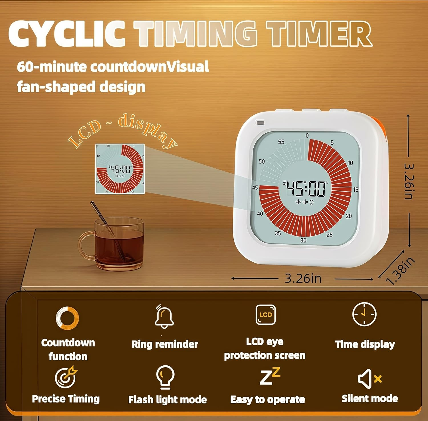 Visual Timer for Kids, 60-Minute Countdown Timer with LCD Display, Pomodoro Timer for Kitchen,Working,Classroom, Timer with Silent Mode for Autism/Adhd (White) image number 4