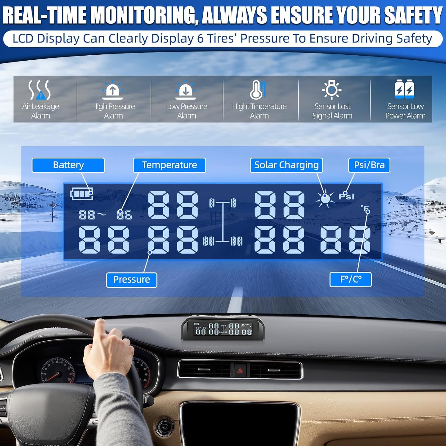 RV Tyre Pressure Monitoring System W/Solar Charge,Trailer TPMS W/6 External Sensors & 6 Alarm Modes,Lcd Real Time Display,Auto Sleep Mode,Tire Pressure Monitor for RV Trailer Truck Pickup (0-144 PSI) image number 4