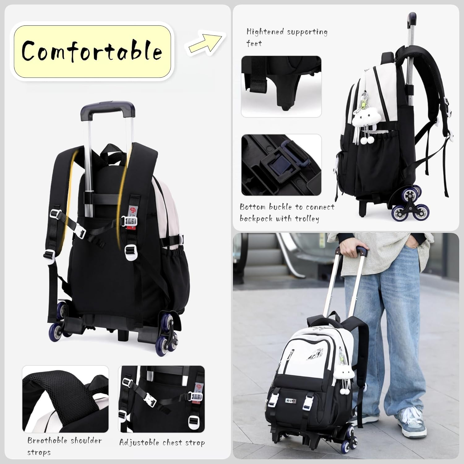 GRUOTEIS Kids Rolling Backpack for Teen Girls Boys School Bag Backpack with Wheels image number 2