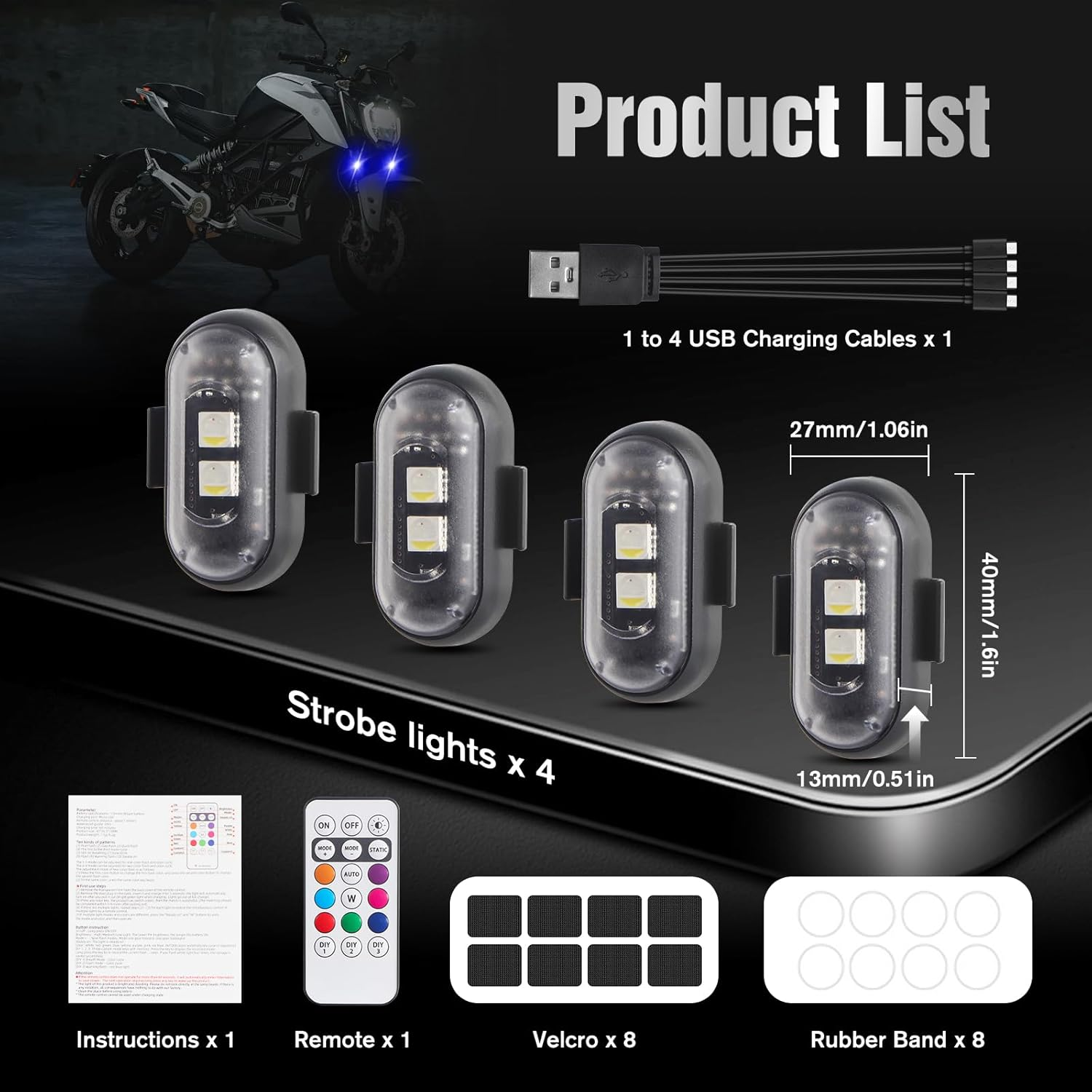 Kaidengzhe Wireless LED Strobe Lights with Remote Control, 8 Colors USB Rechargeable Anti-Collision Warning Light, High Brightness Flashing Light for Car Drone Truck Motorcycle Aircraft Bike, 4PCS image number 5