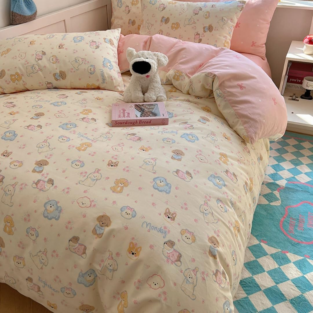 3 Pcs Girls Dogs Comforter Cover Set Bed Set Yellow Cute Cartoon Pet Puppy Bedding Set for Kids Boys Teens (1 Comforter Cover, 2 Pillow Sham) (Yellow, Full) image number 3