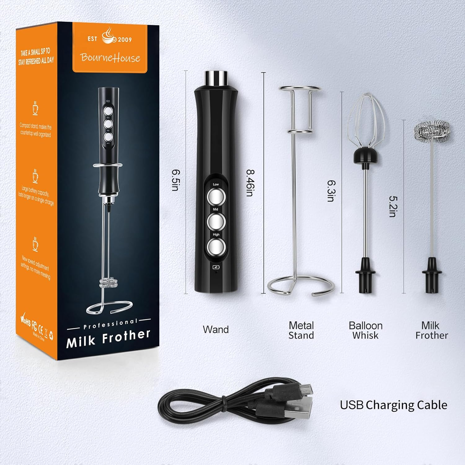 Bournehouse BH03 Rechargeable Milk Frother, 3-Speed, 2 Whisks for Cappuccino, Latte, Bulletproof Coffee, Keto Diet, Protein Powder, Matcha (Dark Black) image number 4