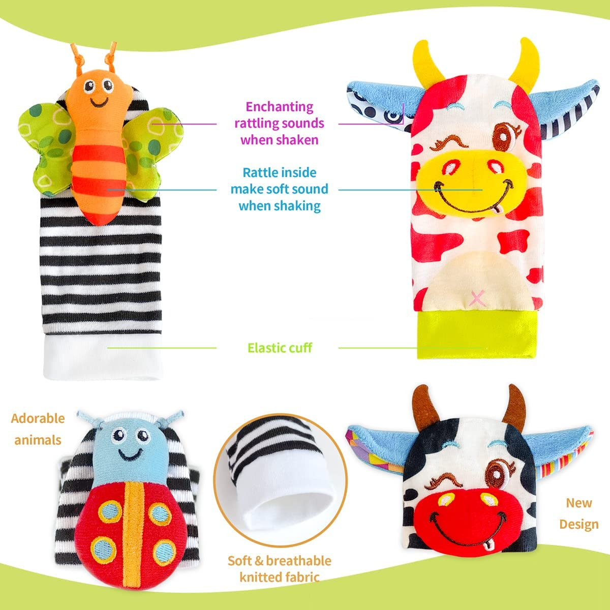 8Pcs Baby Wrist Rattle Foot Finder Socks Infant Developmental Sensory Learning Toys from 0-3-6 Months Old-Cute Garden Bug Edition 8 Items Piece Set Christmas Gifts for Kids image number 4