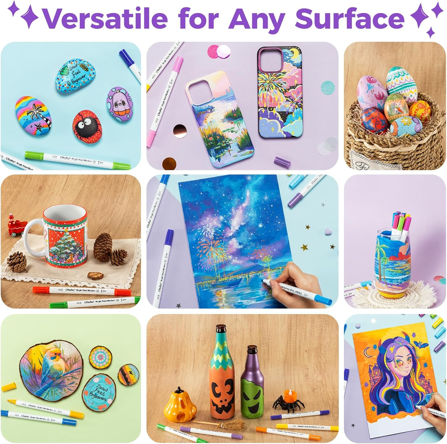 Ohuhu Acrylic Paint Markers Cotton-Core: 36 Colours Dual Tips (Brush & Dot) Paint Pens High Opacity Acrylic Markers Waterproof Lightfast for Rock Painting Easter Eggs Wood Glass Ceramic Canvas