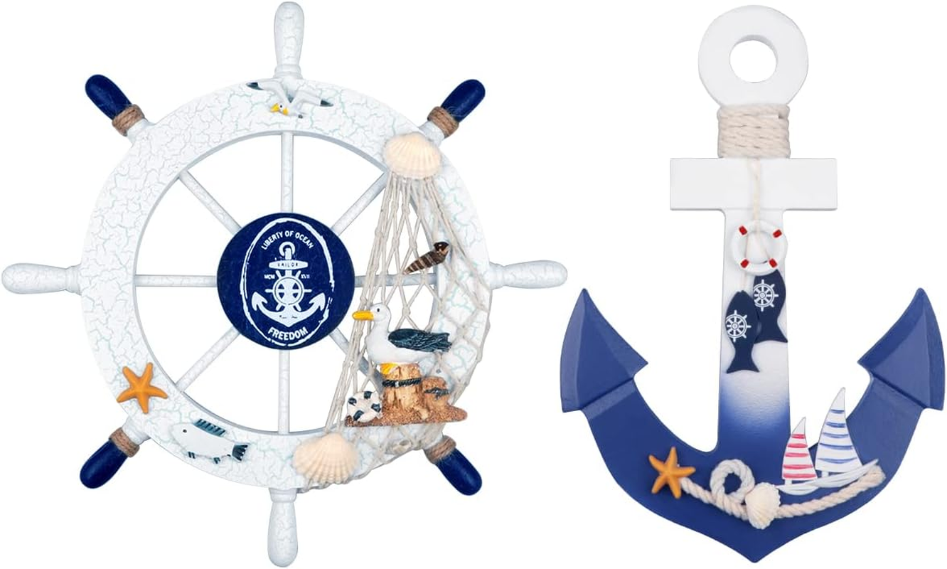 2 Pack 11 Wooden Ship Wheel and Wood Anchor with Rope Nautical Boat Steering Rudder Wall Decor Door Hanging Ornament (2)