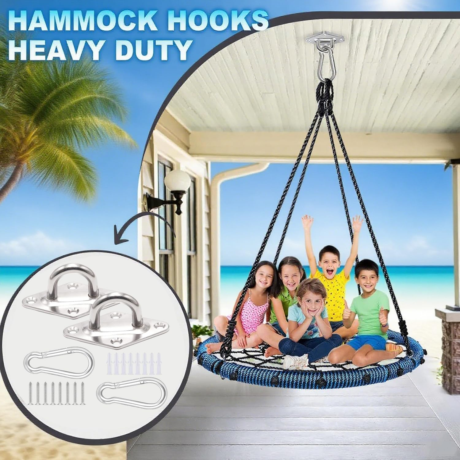 Xinghonyac 2 Pack Heavy Duty Hammock Hanging Kit, Stainless Steel 360&deg; Rotation Rustproof Hammock Hooks for Stand, Wall, Ceiling, Tree Swing, Hammock Chair, Indoor Outdoor Use image number 2