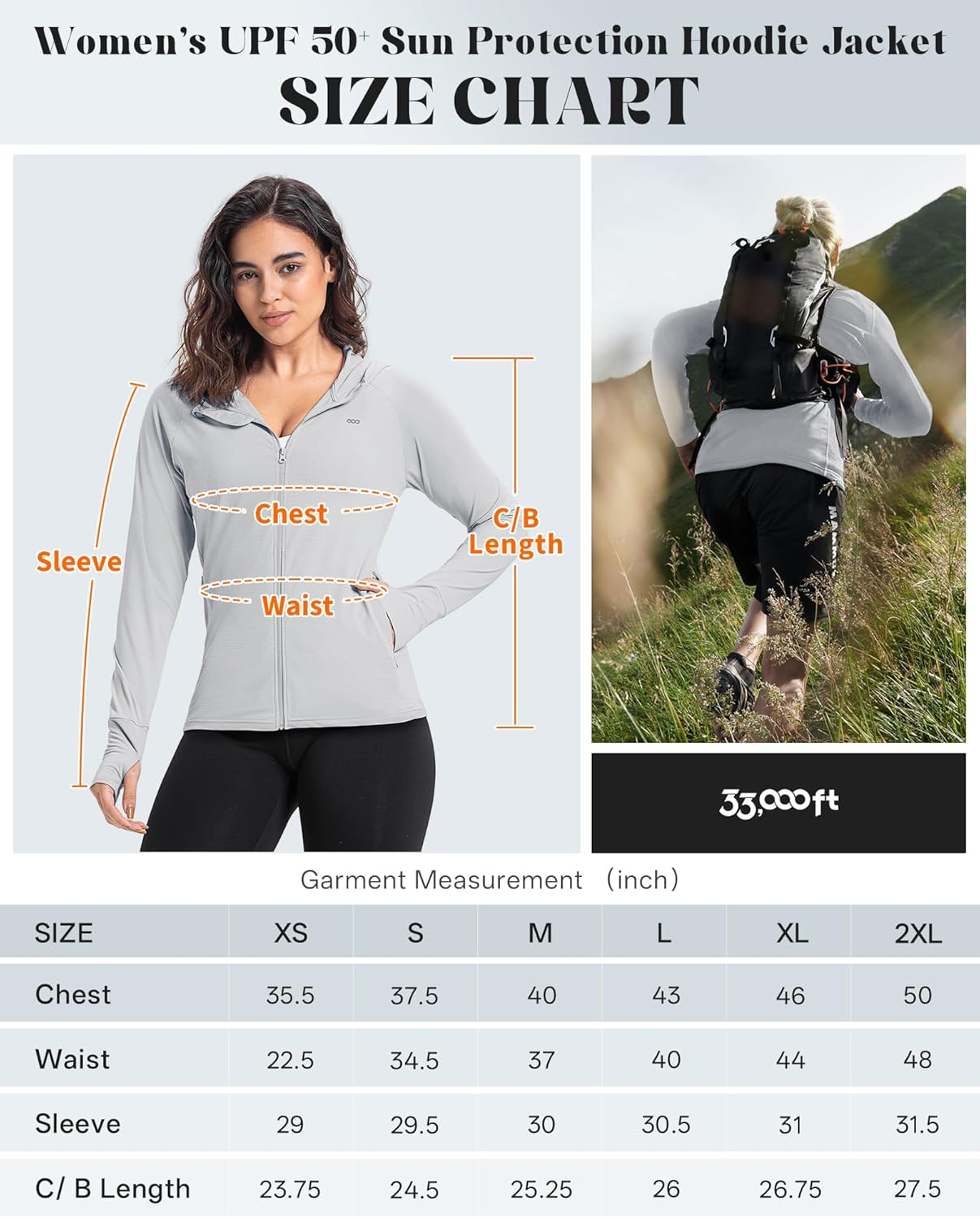 33,000Ft Women'S UPF 50+ Hoodie Jacket Lightweight Long Sleeve Sun Protection Shirt Full Zip up Breathable Sportwear with Thumb Holes for Hiking Running Outdoor image number 2