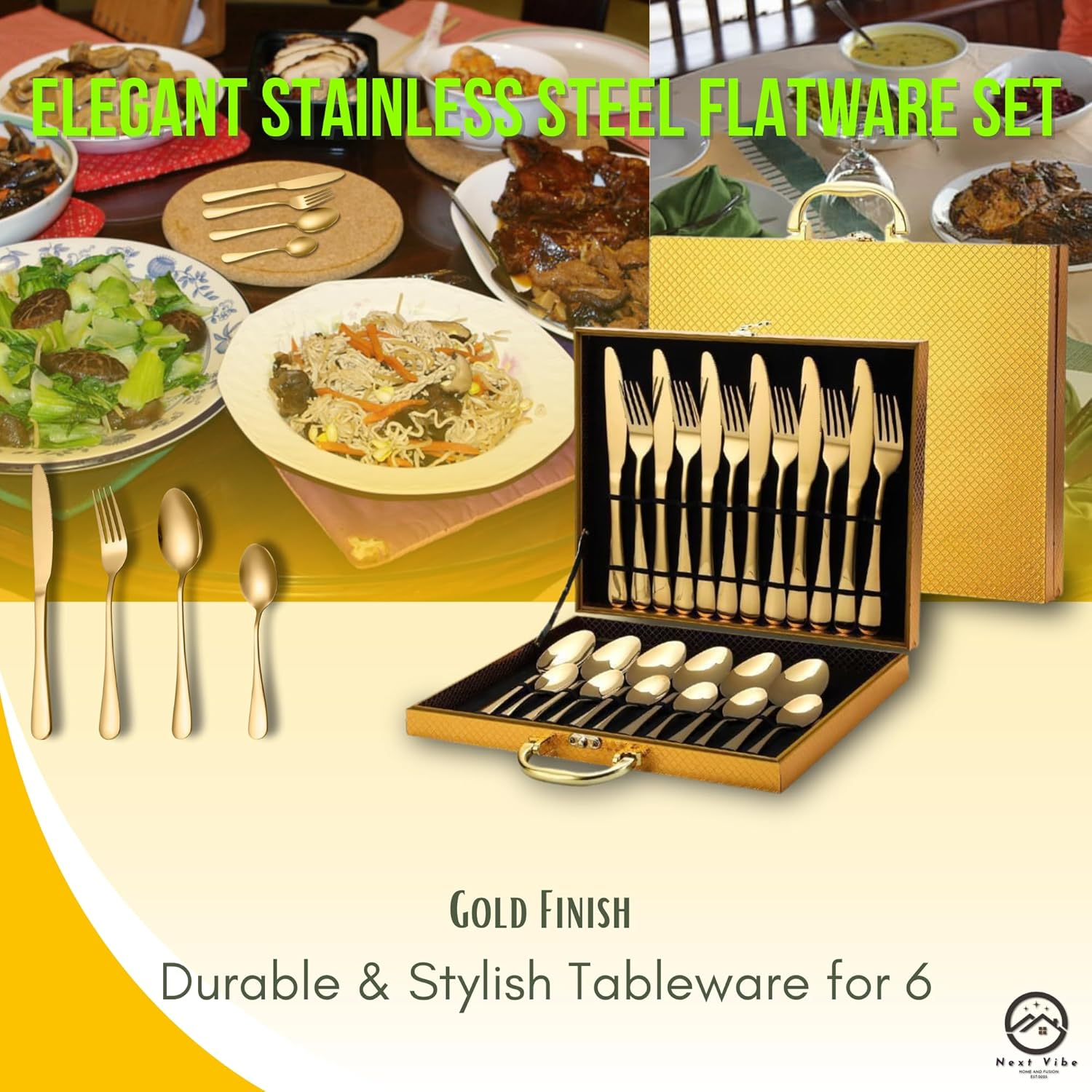 24-Piece Golden Cutlery Set - Elegant Stainless Steel Flatware Set, Gold Finish, Durable & Stylish Tableware for 6 - Perfect for Formal Dining & Everyday Use image number 6