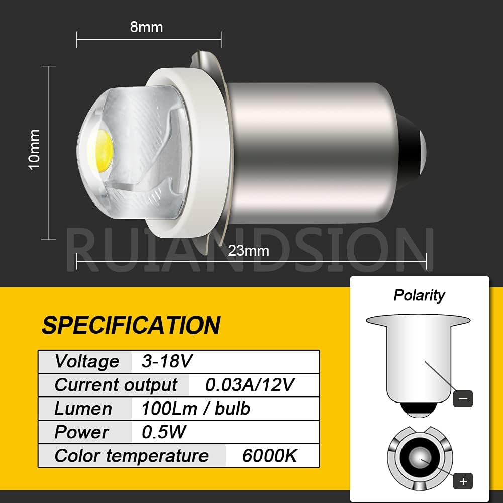 Ruiandsion 2Pcs P13.5S Torch Light Bulb 3-18V 0.5W 6000K White LED Light Bulb,150 Lumens,Negative Earth image number 4