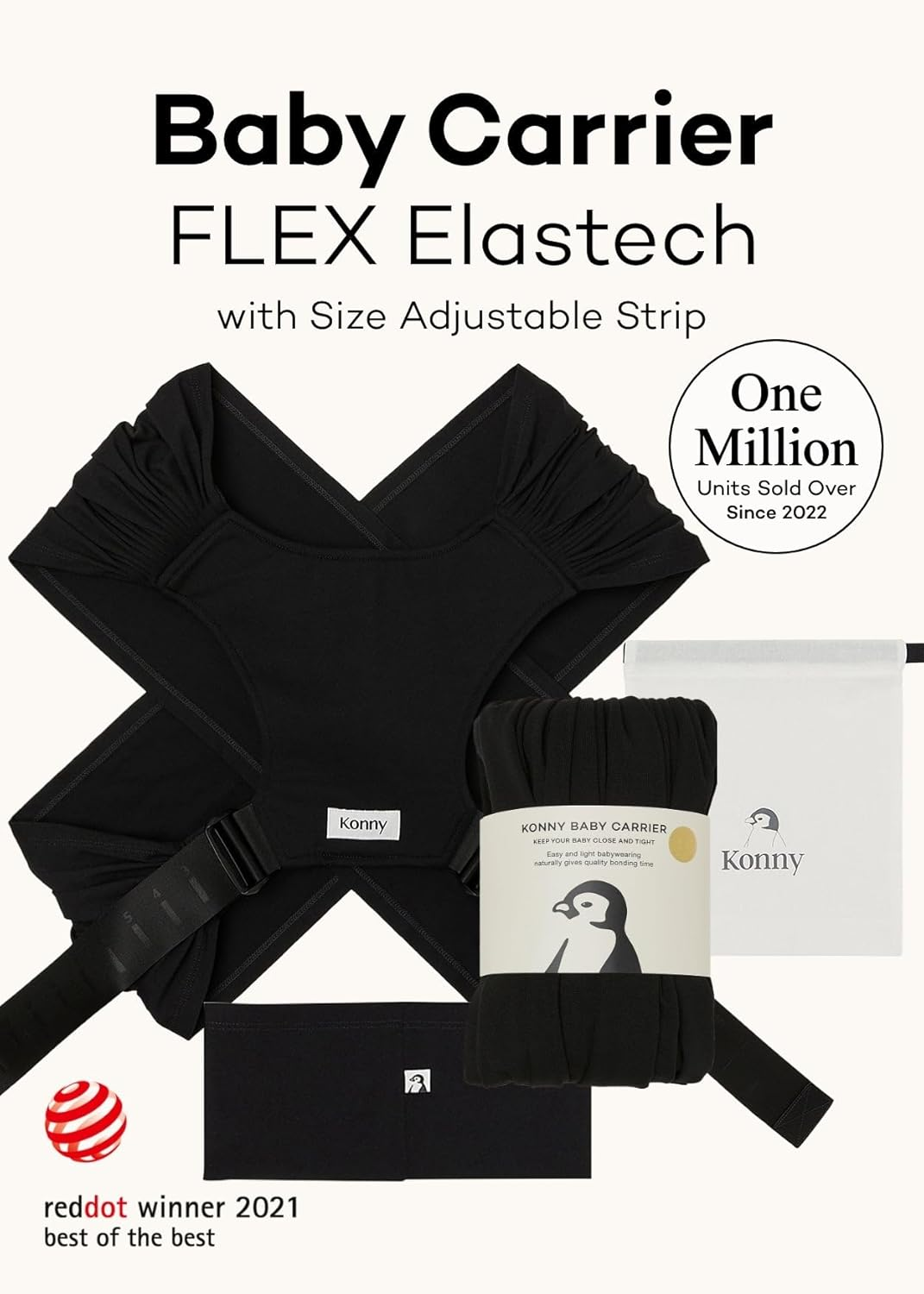 Konny Baby Carrier Flex Elastech - Adjustable, Easy to Wear and Wrap Baby Sling, Baby Wrap Carrier, Perfect for Newborn Babies Essentials up to 44 Lbs, (M-4XL) - Black image number 2