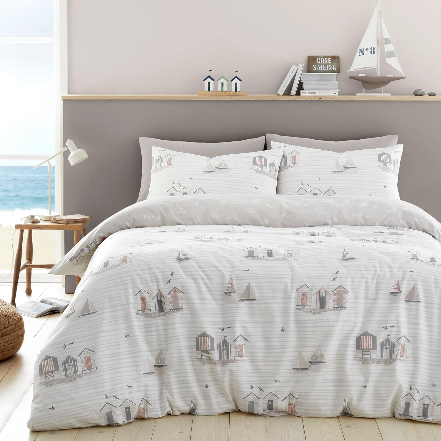 Fusion - Nautical Natural Duvet Cover - King Bedding Size (230 X 220Cm) - Reversible (2 Designs) - Seaside/Sailing Boats Duvet Cover - Natural & White Bedding with Coastal Theme - Beach Huts Bed Set image number 2